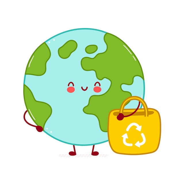 エコバッグとかわいい幸せな面白い地球惑星のキャラクター 漫画キャラクターイラストアイコンデザイン 白い背景で隔離 プレミアムベクター