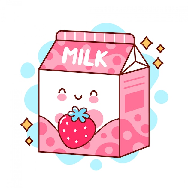 かわいい幸せな面白い風味のストロベリーミルク フラットライン漫画かわいいキャラクターイラストアイコン プレミアムベクター
