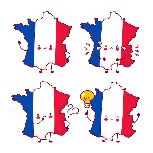 かわいい幸せな面白いフランス地図とフラグ文字セットのコレクション プレミアムベクター