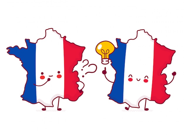 かわいい幸せな面白いフランス地図とフラグ文字に疑問符とアイデアの電球 プレミアムベクター