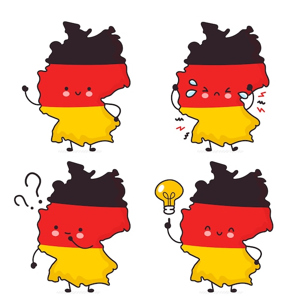 かわいい幸せな面白いドイツ地図とフラグ文字セットのコレクション ライン漫画かわいいキャラクターイラストアイコン 白い背景の上 ドイツのコンセプト プレミアムベクター