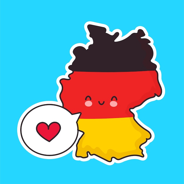 かわいい幸せな面白いドイツ地図と吹き出しの中心の文字をフラグします ライン漫画かわいいキャラクターイラストアイコン ドイツのコンセプト プレミアムベクター