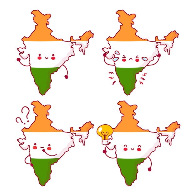 かわいい幸せな面白いインド地図とフラグ文字セットのコレクション ライン漫画かわいいキャラクターイラストアイコン 白い背景の上 インドのコンセプト プレミアムベクター
