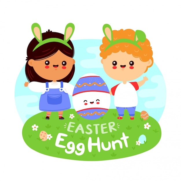 Premium Vector Cute Happy Funny Kids And Easter Egg Flat Cartoon Character Design Isolated On White Background Easter Eggs Hunt Poster Banner Concept
