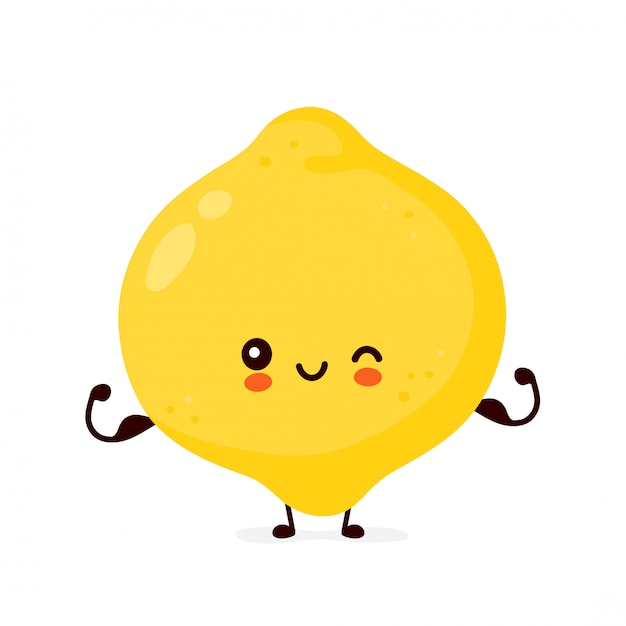 かわいい幸せな面白いレモンフルーツは筋肉を示します 漫画キャラクターイラストアイコンデザイン 白い背景で隔離 プレミアムベクター
