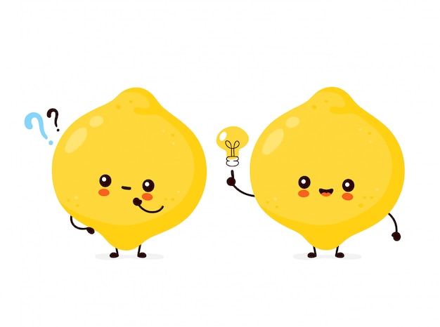 疑問符と電球のかわいい幸せな面白いレモンフルーツ 漫画のキャラクターイラストアイコンデザイン 分離されました プレミアムベクター