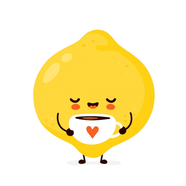 ティーカップとかわいい幸せな面白いレモンフルーツ 漫画キャラクターイラストアイコンデザイン 白い背景で隔離 プレミアムベクター