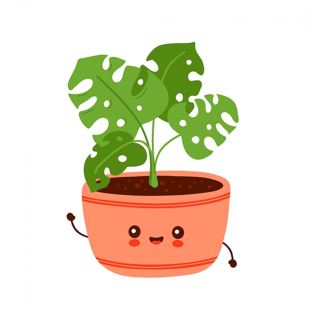 鍋にかわいい幸せな面白いモンステラ植物 ベクトル漫画のキャラクターイラストデザイン 分離されました プレミアムベクター