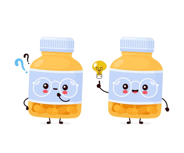 疑問符とアイデアの電球とかわいい幸せな面白い薬瓶 漫画のキャラクターイラストアイコンデザイン 分離されました プレミアムベクター