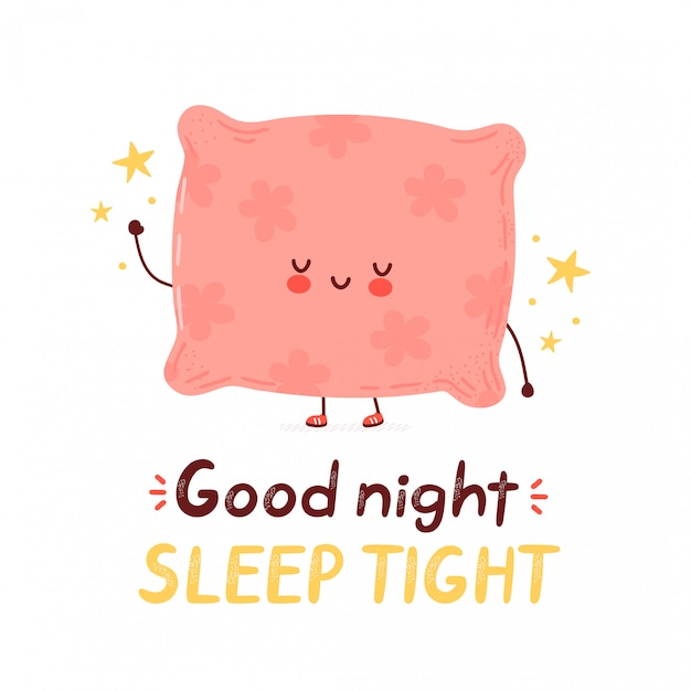 かわいい幸せな面白い枕 漫画のキャラクターの手描きのイラスト 白い背景で隔離されました おやすみなさい プレミアムベクター