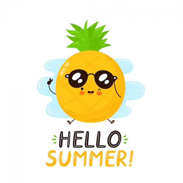 かわいい幸せな面白いパイナップルフルーツ こんにちは夏のカード 漫画キャラクターイラストアイコンデザイン 白い背景で隔離 プレミアムベクター
