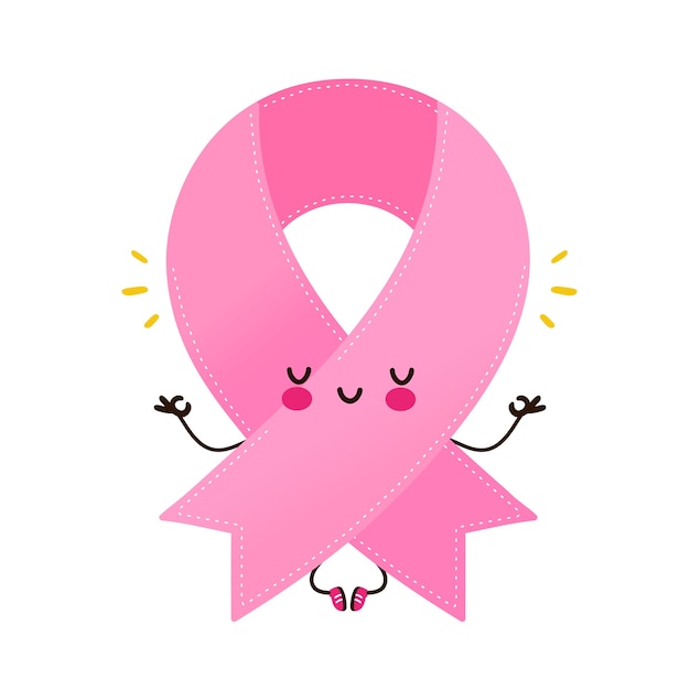 かわいい幸せな面白いピンクのリボンキャラクターが瞑想します ベクトル漫画のキャラクターイラストアイコンデザイン 分離されました 乳がん啓発月間 ピンクリボンシンボルコンセプト プレミアムベクター