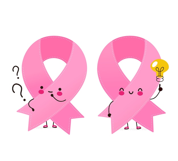 疑問符とアイデアの電球とかわいい幸せな面白いピンクのリボンキャラクター ベクトル漫画のキャラクターイラストアイコンデザイン 分離されました 乳がん啓発月間コンセプト プレミアムベクター