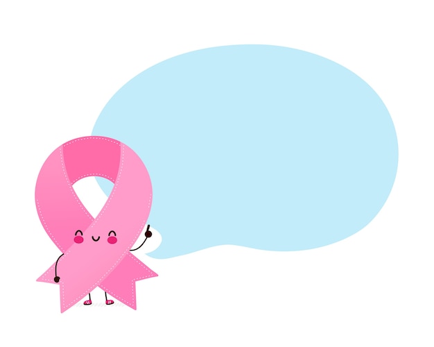 Premium Vector Cute Happy Funny Pink Ribbon Character With Speech Bubble Vector Cartoon Character Illustration Icon Design Isolated Breast Cancer Awareness Month Pink Ribbon Symbol Concept