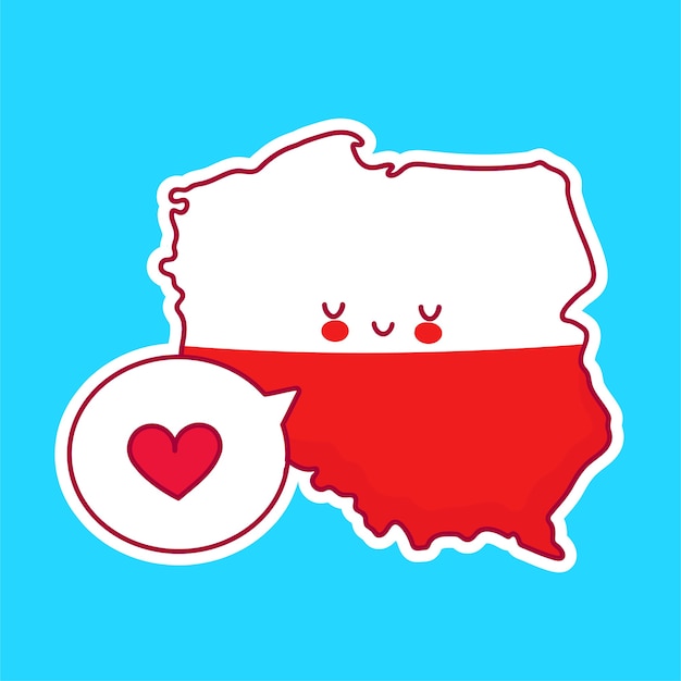 Premium Vector Cute Happy Funny Poland Map And Flag Character With Heart In Speech Bubble Line Cartoon Kawaii Character Illustration Icon Poland Concept