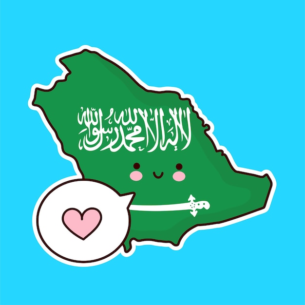 Premium Vector Cute Happy Funny Saudi Arabia Map And Flag Character With Heart In Speech Bubble Line Cartoon Kawaii Character Illustration Icon Saudi Arabia Concept