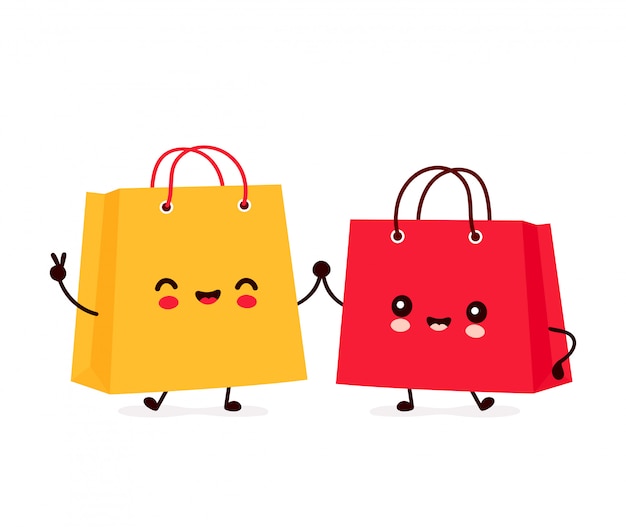 プレミアムベクター かわいい幸せな面白い買い物袋 漫画のキャラクターイラストアイコンデザイン 分離されました