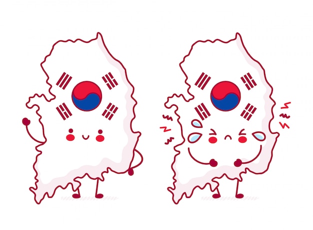 かわいい幸せな面白い韓国地図と国旗のキャラクター プレミアムベクター