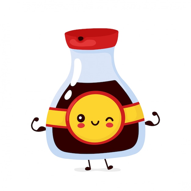かわいい幸せな面白い醤油瓶ショー筋肉 漫画のキャラクターイラストアイコンデザイン 分離されました プレミアムベクター