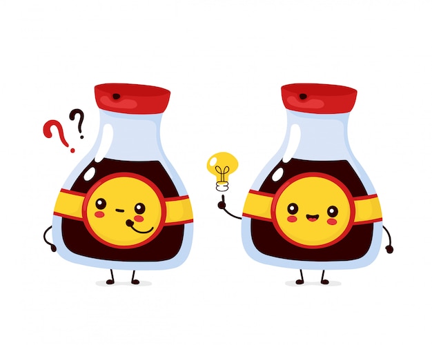 疑問符と電球のかわいい幸せな面白い醤油瓶 漫画のキャラクターイラストアイコンデザイン 分離されました プレミアムベクター