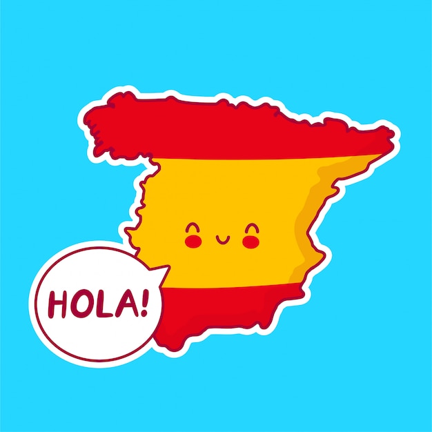 かわいい幸せな面白いスペイン地図と吹き出しのオラの言葉で文字をフラグ プレミアムベクター