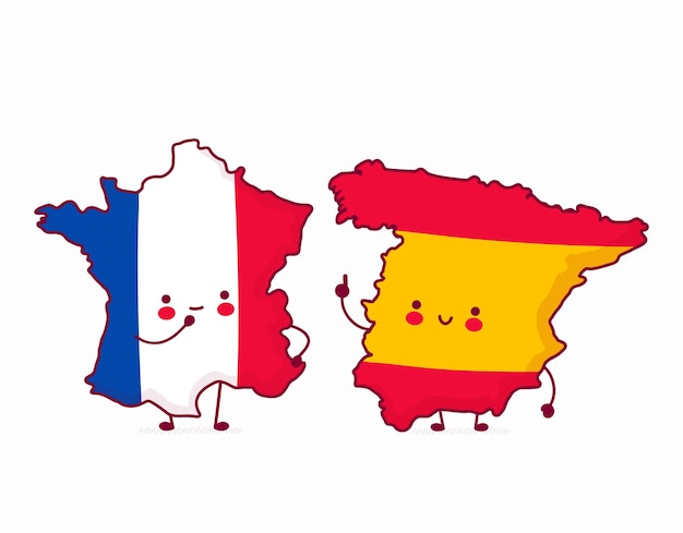 かわいい幸せな面白いスペインはフランスと話すフランスとスペインの地図のイラスト プレミアムベクター