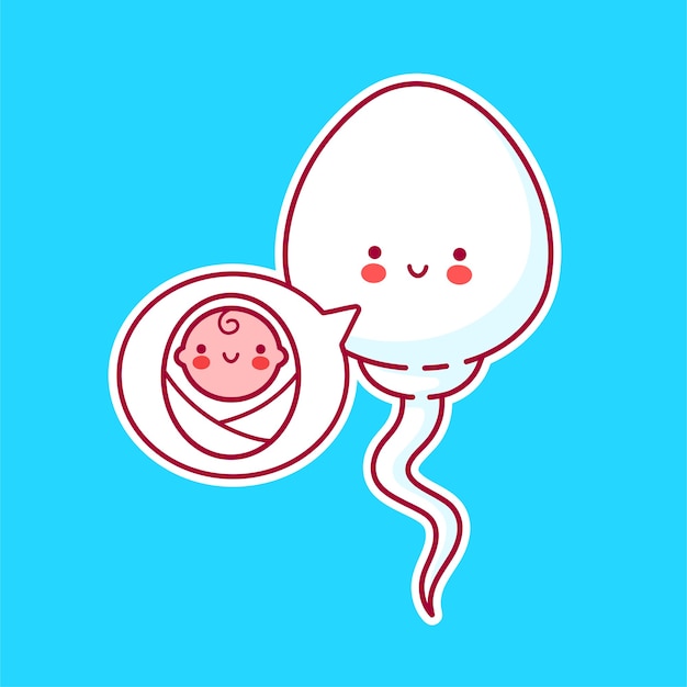 かわいい幸せな面白い精子細胞と吹き出しの赤ちゃん ライン漫画かわいいキャラクターイラストアイコン 受精コンセプト プレミアムベクター
