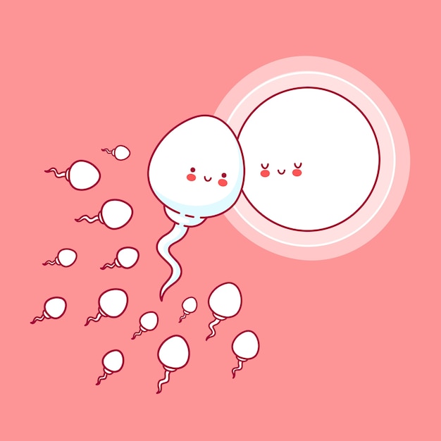 かわいい幸せな面白い精子細胞と卵子 ライン漫画かわいいキャラクターイラストアイコン 受精コンセプト プレミアムベクター