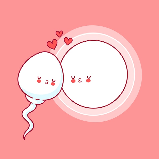 かわいい幸せな面白い精子細胞は卵子にキスします フラットライン漫画かわいいキャラクターイラストアイコン 受精の概念 プレミアムベクター