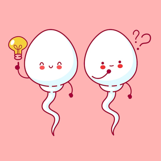 疑問符とアイデアの電球が付いたかわいい幸せな面白い精子細胞 ライン漫画かわいいキャラクターイラストアイコン 受精コンセプト プレミアムベクター