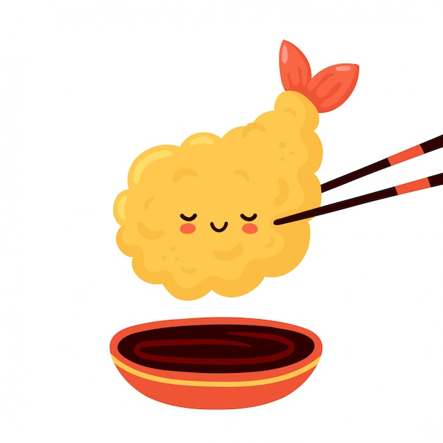 箸と醤油でかわいい幸せな面白い天ぷらエビ 漫画のキャラクターイラストアイコンデザイン 分離されました プレミアムベクター