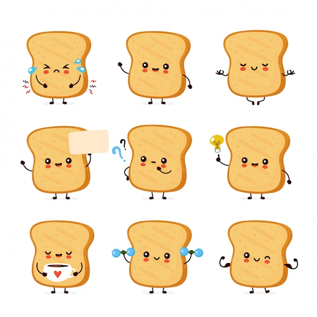 Premium Vector | Cute happy funny toast set collection. cartoon ...