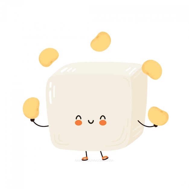 かわいい幸せな面白い豆腐は 大豆を混ぜます 漫画のキャラクターの手描きのイラスト 白い背景で隔離 プレミアムベクター