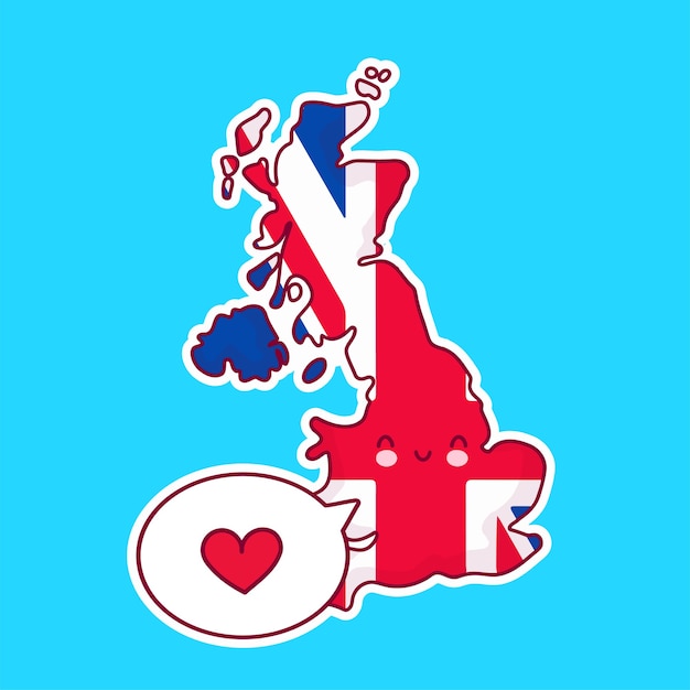 かわいい幸せな面白いイギリス地図と吹き出しの中心の文字をフラグします ライン漫画かわいいキャラクターイラストアイコン イギリス イギリスのコンセプト プレミアムベクター