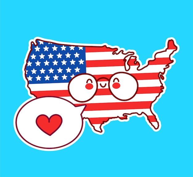 ふきだしでかわいい幸せな面白いusaマップとハートの旗のキャラクター ベクトルフラットライン漫画かわいいキャラクターイラストアイコン アメリカ合衆国 アメリカ合衆国の概念 プレミアムベクター