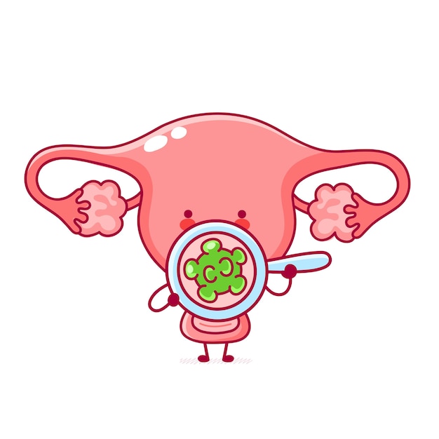 かわいい幸せな面白い女性の子宮器官は拡大鏡で細菌を見てください ライン漫画かわいいキャラクターイラストアイコン 白い背景の上 プレミアムベクター