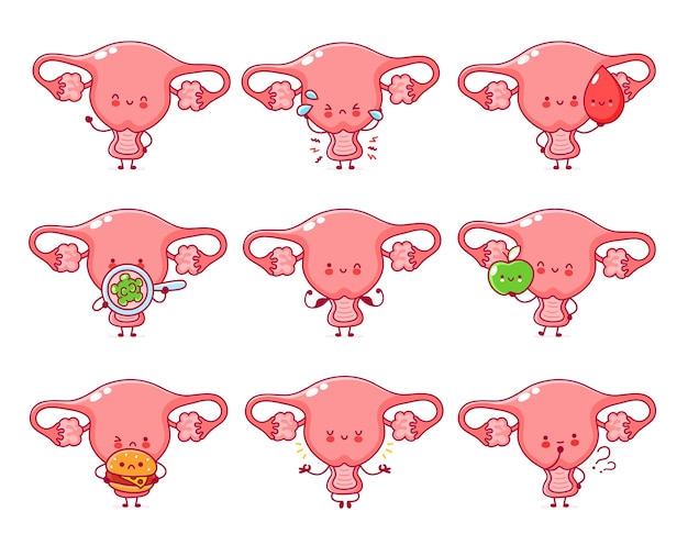 Premium Vector Cute Happy Funny Woman Uterus Organ Set Collection Flat Line Cartoon Kawaii 