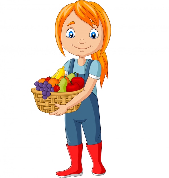 Premium Vector | Cute happy girl harvest fruit