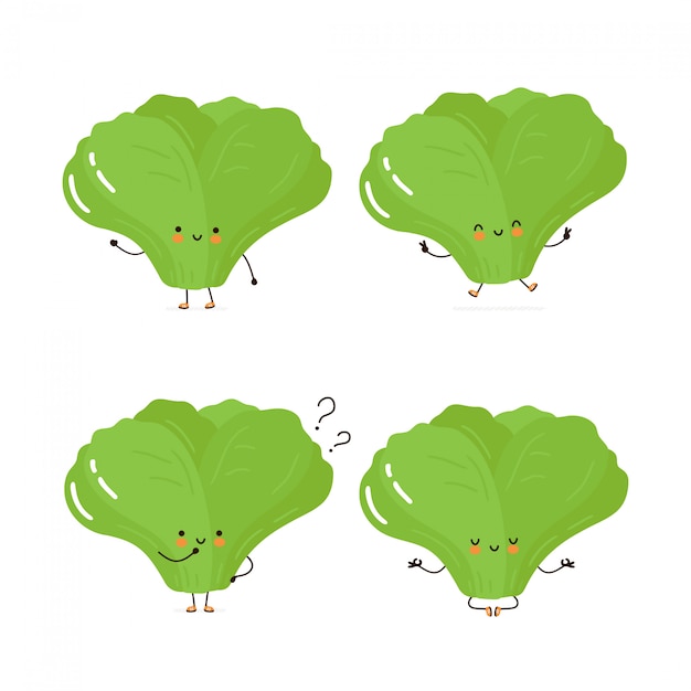 かわいい幸せな緑の葉のサラダキャラクターセットのコレクション 白で隔離 ベクトル漫画キャラクターイラストデザイン シンプルなフラットスタイル プレミアムベクター