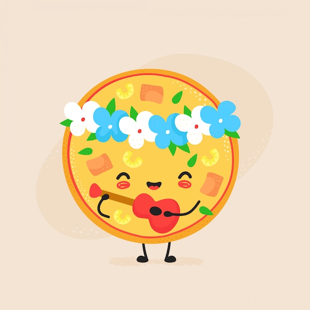 かわいい幸せなハワイのピザのキャラクター フラット漫画イラストアイコン 白で隔離 ピザのキャラクター プレミアムベクター