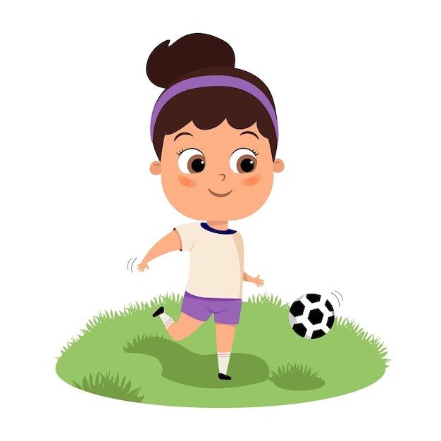 Premium Vector | Cute happy kid girl playing football or soccer flat ...