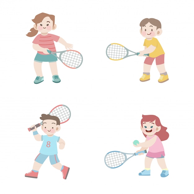 かわいい幸せな子供スポーツテニスイラストセット プレミアムベクター