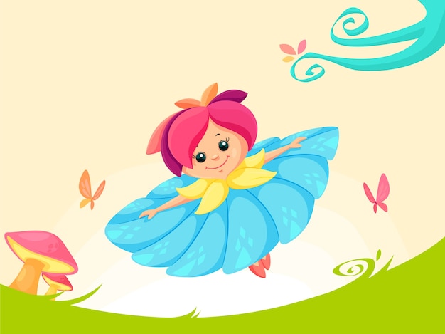 かわいい幸せな女の子 蝶 飛行 庭 イラスト プレミアムベクター
