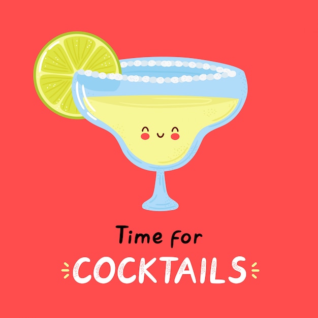 Premium Vector Cute Happy Margarita Cocktail Glass Isolated On White Background Cartoon Character Hand Drawn Style Illustration Time For Cocktails Card