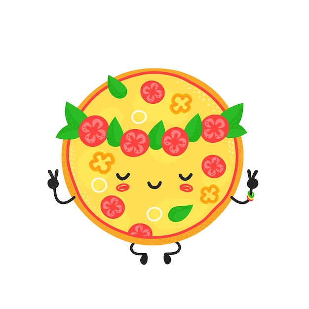 かわいい幸せな瞑想ベジタリアンピザのキャラクター ベクトルフラット漫画イラストアイコンデザイン 孤立 ピザのキャラクターのコンセプト プレミアムベクター