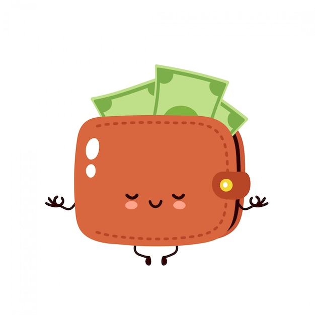 かわいい幸せなお金紙幣の財布は ヨガのポーズで瞑想します フラット漫画キャライラスト 財布のコンセプト プレミアムベクター