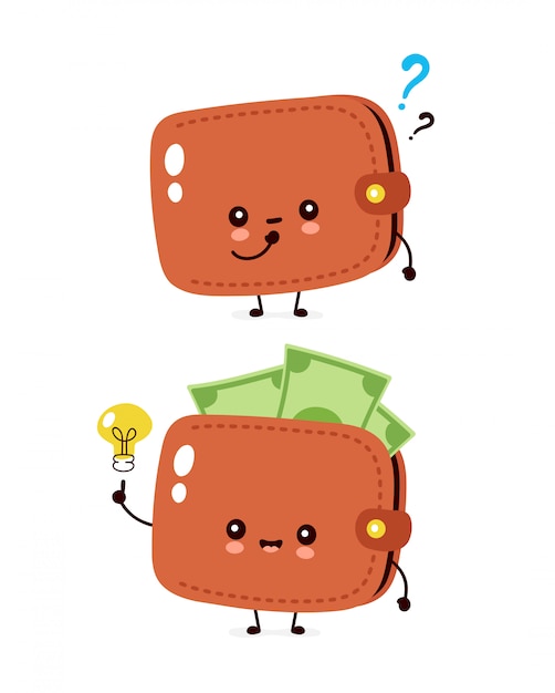 プレミアムベクター 疑問符と電球のかわいい幸せなお金紙幣財布 フラット漫画キャライラストアイコン 白で隔離 財布