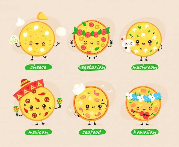 プレミアムベクター かわいい幸せのピザキャラクターセットのコレクション ピザのキャラクターコンセプト