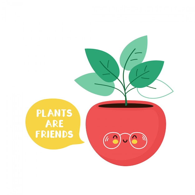 プレミアムベクター ポットカードでかわいい幸せな植物 植物は友達のコンセプトです 白で隔離 ベクトル漫画キャラクターイラスト デザイン シンプルなフラットスタイル