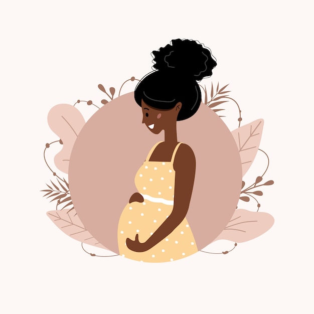 かわいい幸せな妊娠中の女性 赤ん坊を待っている美しいアフリカの女の子 スタイルのモダンなイラスト プレミアムベクター